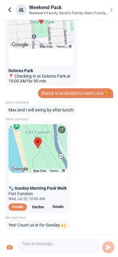 Group chat with check-in and playdate invite